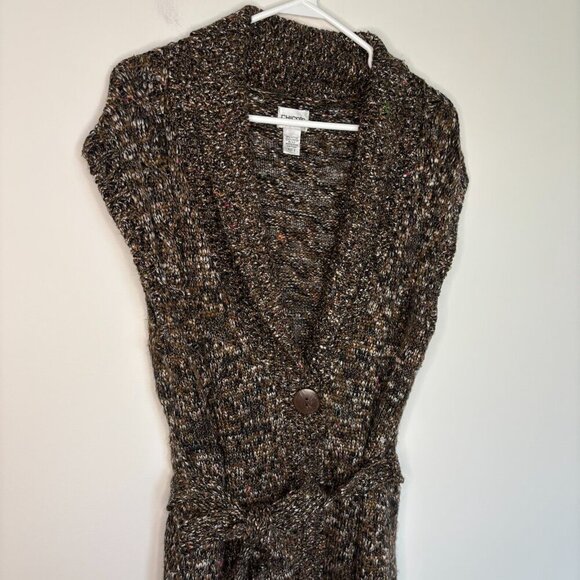 CHICO'S Silk Blend Cable Knit Button Up Sweater Vest Women's L Belt Soft Brown - Picture 6 of 7